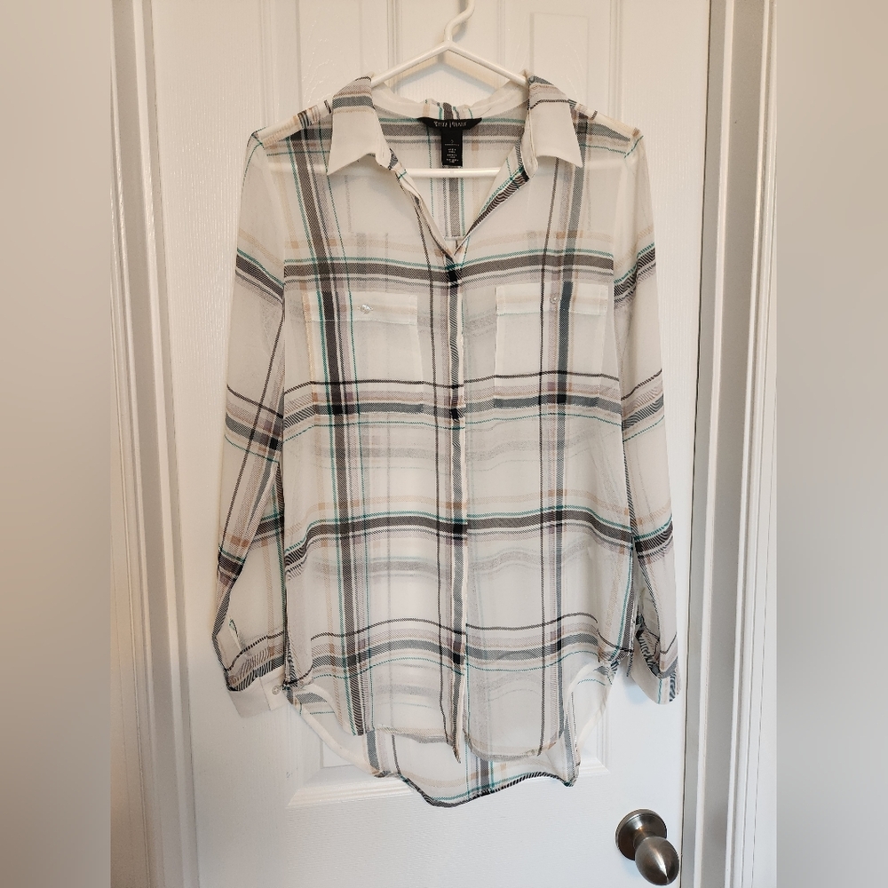 WHBM Sheer Plaid Button Up, Size XS